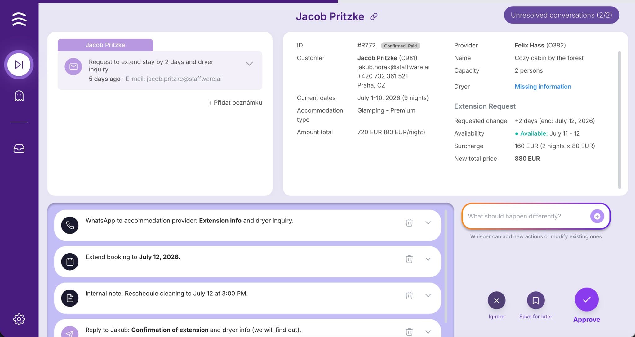 Whisper product interface showing customer request, reservation details, and AI-suggested actions